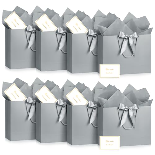 Image of JMANNI Gift Bags with Handles, 13 inch Medium Gift Bag for Presents, 8 Pcs Bags with 16 Tissue Paper and 8 Cards for Baby Shower Wedding Bridal Shower Mother's Day Birthday Party (silver