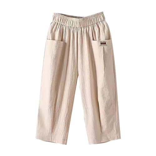 Ladies Boho Trousers Elasticated High Waist with Pockets Straight Leg Trousers Comfy Soft Summer Crop 3/4 Palazzo Boho Joggers Casual 3/4 Length Pants Plus Size Stretch Linen Cotton Short Beige