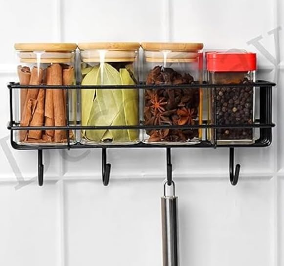 Image of Metal Storage Shelf with Hooks, Wall-Mounted No-Drill Self-Adhesive Rack for Bathroom & Home Organization, Multipurpose Shelf Organizer, Set of 2
