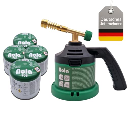 Nola - Soplete de gas con 4 cartuchos de gas universales de 190 g - 1300 °C - Quemador de gas - Lámpara de soldadura para soldadura blanda o dura - Soplete Bunsen - Artículo 869 + 4 x 708