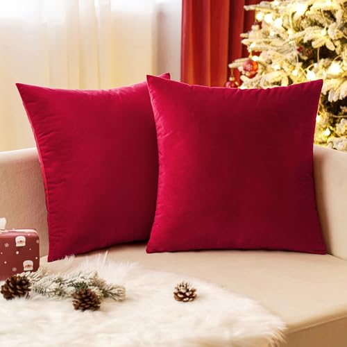 EMEMA Samt Kissenbezug Weihnachten Kissenhülle Dekorative Dekokissen Sofakissen Lendenkissen Wurfkissenbezug mit Verstecktem Reißverschluss Sofa Schlafzimmer 2er Set 40x40 cm Rot