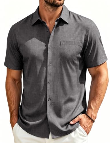 EKLENTSON Mens Short Sleeve Shirts Button Down Summer Casual Shirt with Pocket Lightweight Beach Shirts Dark Grey M