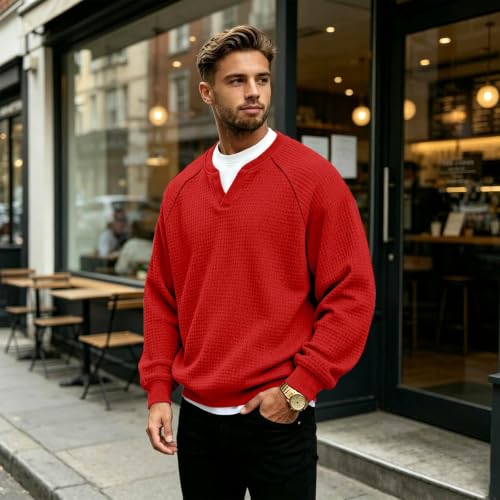 Mens Waffle Knit Long Sleeve V Neck Sweater Pullover for Stylish Comfort - Image 3