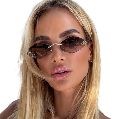 Fashion Small Polygonal Sunglasses for Women Rmless Brown Rhombus Sun Glasses Woman Vintage Metal Shades Eyewear2
