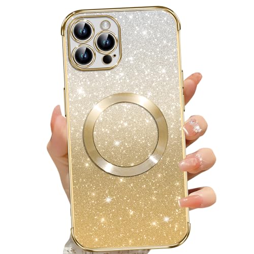 Cover Magnetica per iPhone 13 Pro Max Glitter Custodia Compatibile con MagSafe Anti Graffi Non Ingiallente Protezione Completa Case 13 Pro Max con 2 Vetro Temperato oro