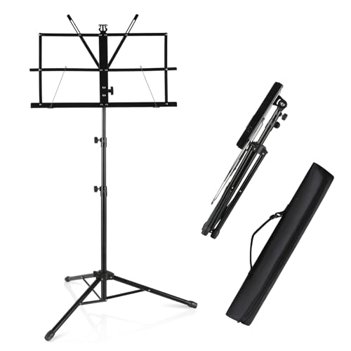 Viemior Music Stand for Sheet Music, 2 in 1 Dual-Use Folding Sheet Music Stand, Lightweight & Adjustable Portable Music Stands with Carrying Bag, Suitable for Instrumental Performance (Black)