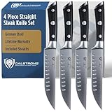Dalstrong Non Serrated Steak Knives Set of 4-5 inch Straight Blade Steak Knife Set - Sheaths - Forged German Steel - Black G10 Handle - Gladiator Series Elite - Dinner Set - NSF Cuchillos para Carne