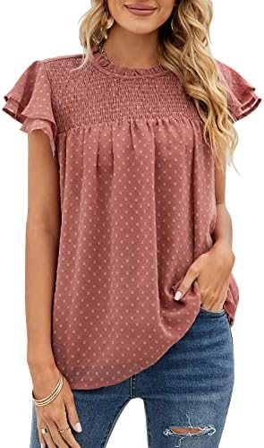 Bequemer Laden Womens Summer Crewneck Short Ruffle Sleeve Tops Blouses Sexy Swiss Dot Lace Casual Tunic Shirts Pink Red