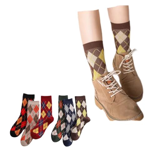 Argyle Socks Retro Big Diamond Lattice High Ankle Women Cotton 6 Pairs Double-Needle Double-Layer Crew Sock
