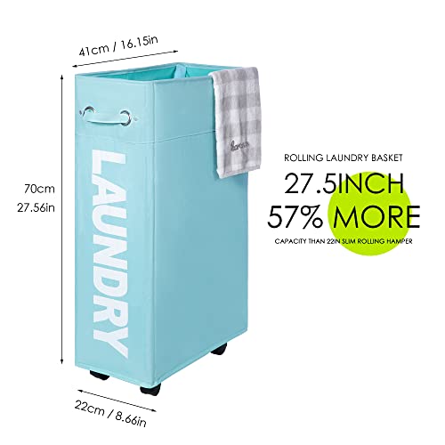 Twira 27.5”X-Large Rolling Laundry Basket With Removable Wash Bag On Wheels (4 Colors), Collapsible Slim Laundry Hamper,Foldable Corner Storage Bins (Light Blue) #TOP1