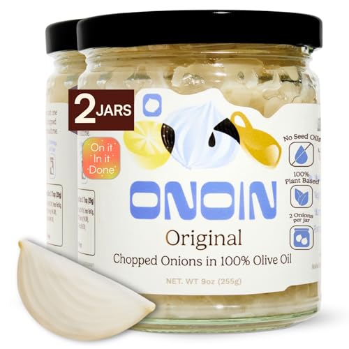 ONOIN Chopped Onions in 100% Olive Oil - Seed Oil Free and Ready-to-Use Flavor Base & Topping | Original, 9 oz (Pack of 2) In Glass Jar | Fresh Marinated Onions and All Natural Cooking Base for Sauces, Soups, & Recipes