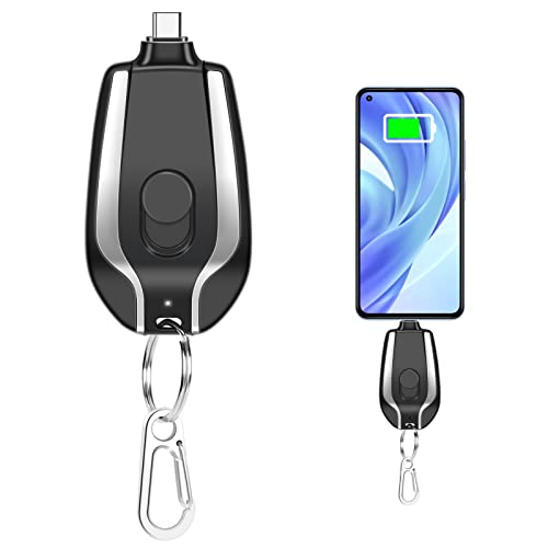 Tragbare Mini-Powerbank | Notladegerät | 1500mAh tragbares Schlüsselanhänger-Ladegerät | Ultra-kompakter Mini-Akku-Schnelllade-Backup-Powerbank (Black-Type-C) Cover