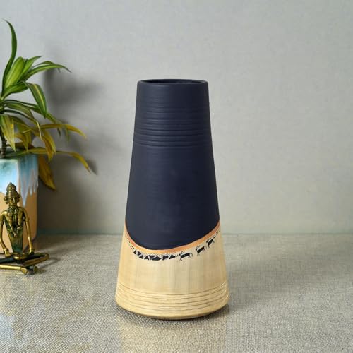 Image of Aakriti Art Creations Midnight's Secret Pyramid Vase | Handmade Terracotta Flower Vase | Modern Art Matte Finish Decorative Vase for Living Room Decor, Table Decor, Shelf Decor & Gifting