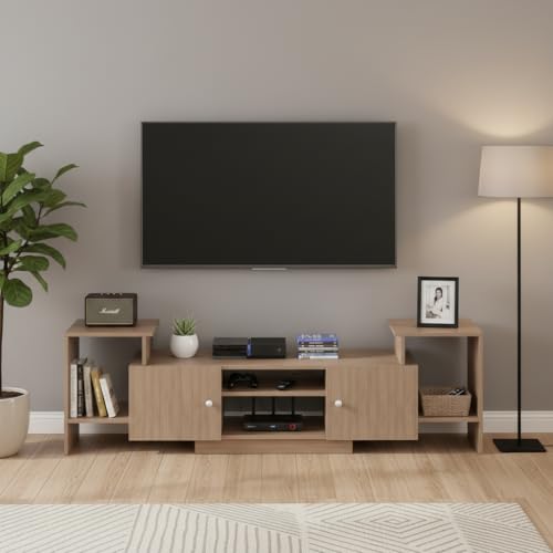 Image of FURNEASER Eptimal Modern Wooden TV Unit for Living Room | Engineered Wood Entertainment Center with Storage | TV Stand for 65 Inch TVs | TV Cabinet with Shelves & Doors | Exotic Teak | 160 cm Length