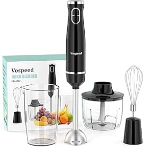 Immersion Blender, Vospeed 450 Watt 4-in-1 Hand Blender with Chopper, Whisk, 600ml Mixing Beaker, Electric Stick Blender with Two Speed Adjustable, Ergonomic handle, Detachable