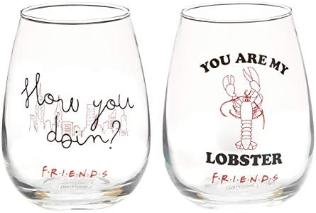 Paladone Friends Set of 2 Glasses, Stemless Wine Glasses - You are My Lobster, How You Doin