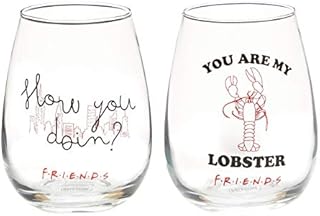 Paladone Friends Set of 2 Glasses, Stemless Wine Glasses - You are My Lobster, How You Doin