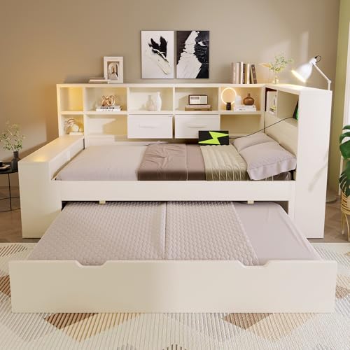 Huayz Sofá cama de madera con cama nido, 90 x 190 cm, cama individual con puertos de carga USB/tipo C y espacio de almacenamiento, dos cajones, cama juvenil con somier, sin colchón, blanco (90 x 190 - imagen 3