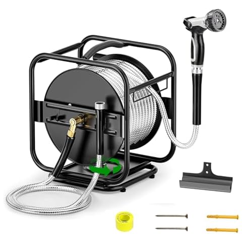 SPECILITE Heavy Duty Metal Garden Hose Reel With 100 Ft 304 Stainless Steel & Metal Nozzle, Wall Mount/Floor Hose Reel, Outside Hose Winding Reels, 360° Rotation Frame, Reel Combo, Black Cover