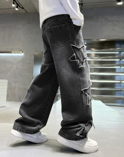 Kids Boys Baggy Cotton Jeans Casual Elastic Waist Straight Leg Denim Cargo Pants with Pockets 6-14 Years4
