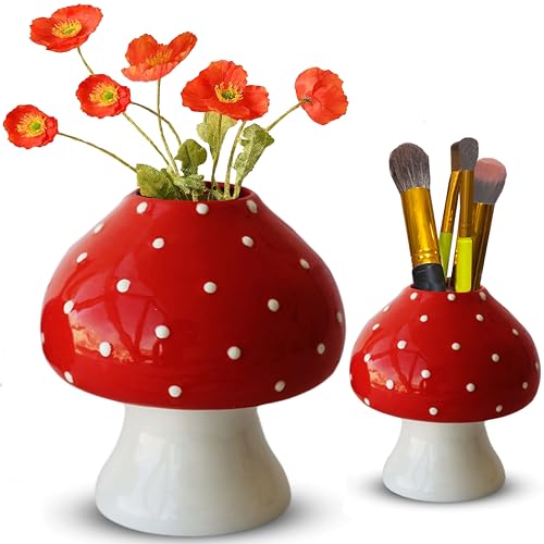 Image of Decorative Mushroom Vase - Ceramic Mushroom Decor for Cottagecore Room Decor - Mushroom Flower vase Centerpiece - add a Charming Touch for Table Shelf, Living Room & Office Decor