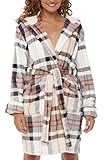 Alexander Del Rossa Women's Hooded Plush Velour Robe with Sherpa Lined Hood, Pockets Designer Plaid Large (A0152A29LG)