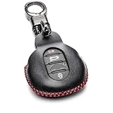 Vitodeco Genuine Leather Smart Key Fob Case Cover Protector with Leather Key Chain for Mini Cooper 2015-2019, Mini Cooper Clubman 2015-2019 (3 or 4 Buttons, Black/Red)
