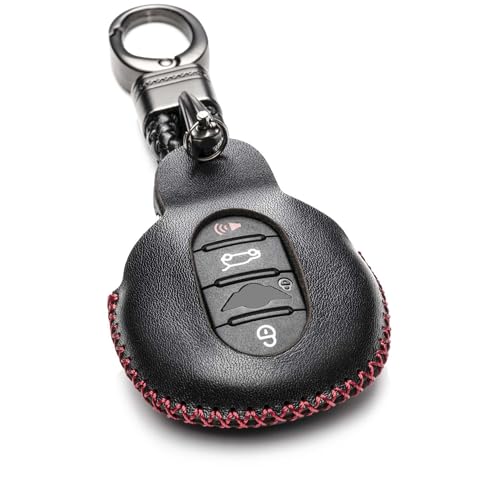 Vitodeco Genuine Leather Smart Key Fob Case Cover Compatible with Mini Cooper, Clubman, Hardtop, Convertible, Countryman 2014 - 2024 (3 or 4 Buttons, Black/Red)