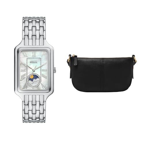 Fossil Mujer Reloj de Acero Inoxidable Plateado Raquel y Bolsa Jolie Negra, Set