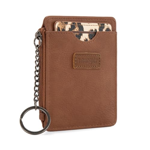 Image of Montana West X Wrangler Small Womens Wallet Slim Credit Card Holder Minimalist Brown Keychain Wallet with ID Window and Detachable Leopard Print Card Organizers
