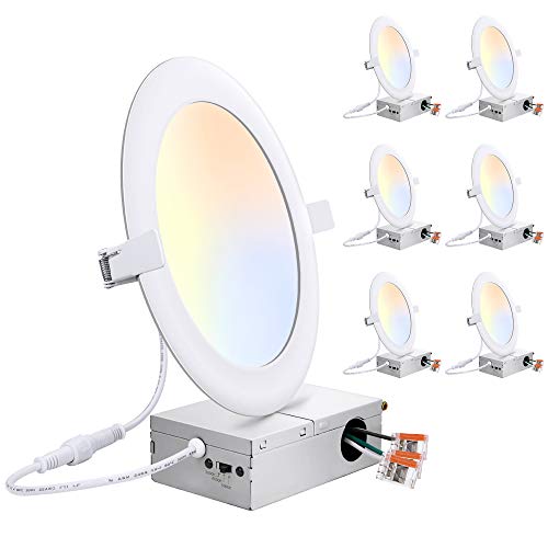 6 Inch Ultra-Thin Led Recessed Ceiling Light with Junction Box, 5000K 4000K 3000K Color Temperature Selectable, 15W=150W, 6 Inch Canless Led Recessed Light, Dimmable Downlight, 1400LM, 6 Pack