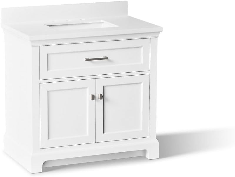 Kohler Charlemont 36" Bathroom Vanity Cabinet with White Sink and Quartz Top, Modern Bathroom Storage, White, K-29261-BD1-0