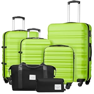 LONG VACATION 6 Piece Luggage Set Carry on Suitcase with ABS+PC hardshell, Spinner Wheels & YKK Zipper TSA Lock (APPLE GREEN, 6 piece set)