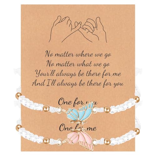 Bff Bracelets for 2,Butterfly Matching Bracelets Adjustable Best Friends Couples Mother Daughter Bracelets,Handmade Charm Bracelets Jewelry Gifts for Couples Friends Mother Daughter (Pink Blue-White)