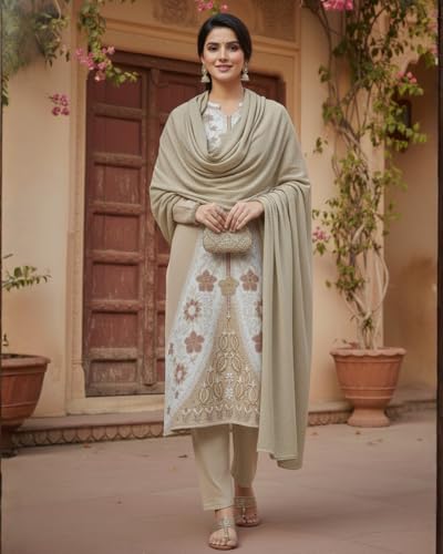 Image of KTI Full Sleeve Knee Length Floral Design Woolen Fabric 3 PC Kurti Set for Women Art NO-94164