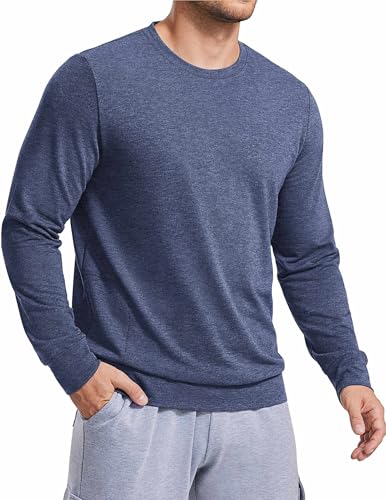 PINSPARK Men's Long Sleeve Shirts Crew Neck T-Shirt Casual Pullover Tees Soft Stretch Basic Tee Shirt with Zipper Pocket Navy