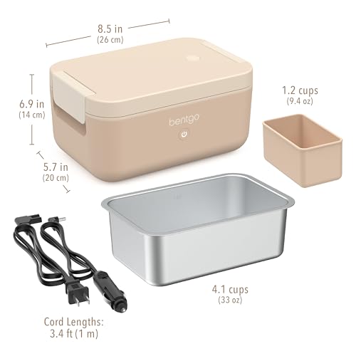 Bentgo Heat - Electric Lunch Box - Portable Food Warmer for Adults, Heated Lunch Box for Work, Travel, School & On the Go, Plug Into Wall or Car, Ideal for Ages 14+, 12V/24V & 120V Cords (Latte)