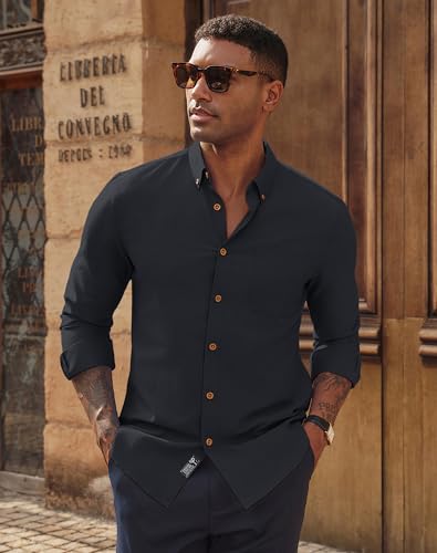 PJ PAUL JONES Men's Oxford Button Down Shirt, Long Sleeve Regular Fit Business Casual Dress Shirts with Chest Pocket Black - Image 2