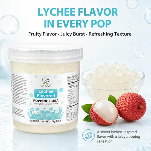Image of Soeos Lychee Popping Boba, Bursting Fruit Flavored Boba Pearls, 2.6 lbs