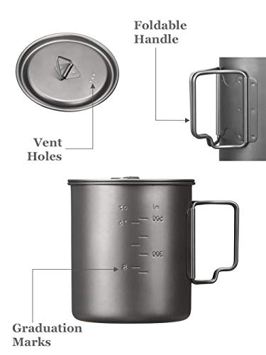 Rocreek 550Ml Titanium Cup Backpacking Pot Camping Hiking Mug Foldable Handle With Lid #TOP4