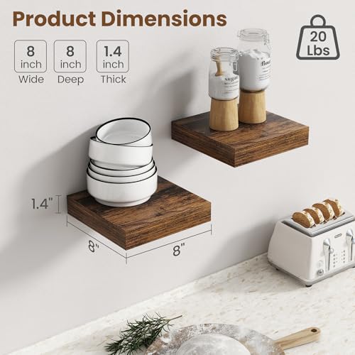 Image of Axeman Square Floating Shelves for Wall, 8 inch W x 8 inch D x 1.4 inch H Rustic Wooden Wall Shelves, 4 Pack Wall Mounted Floating Shelf with Invisible Brackets for Living Room, Bathroom, Kitchen, Rustic Brown
