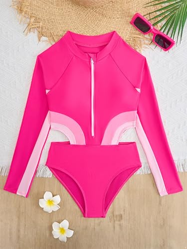 Kids Girls One Piece Hot Spring Beach Swimsuit Color Block Long Sleeve Cutout Zipper Bikini Swimwear3