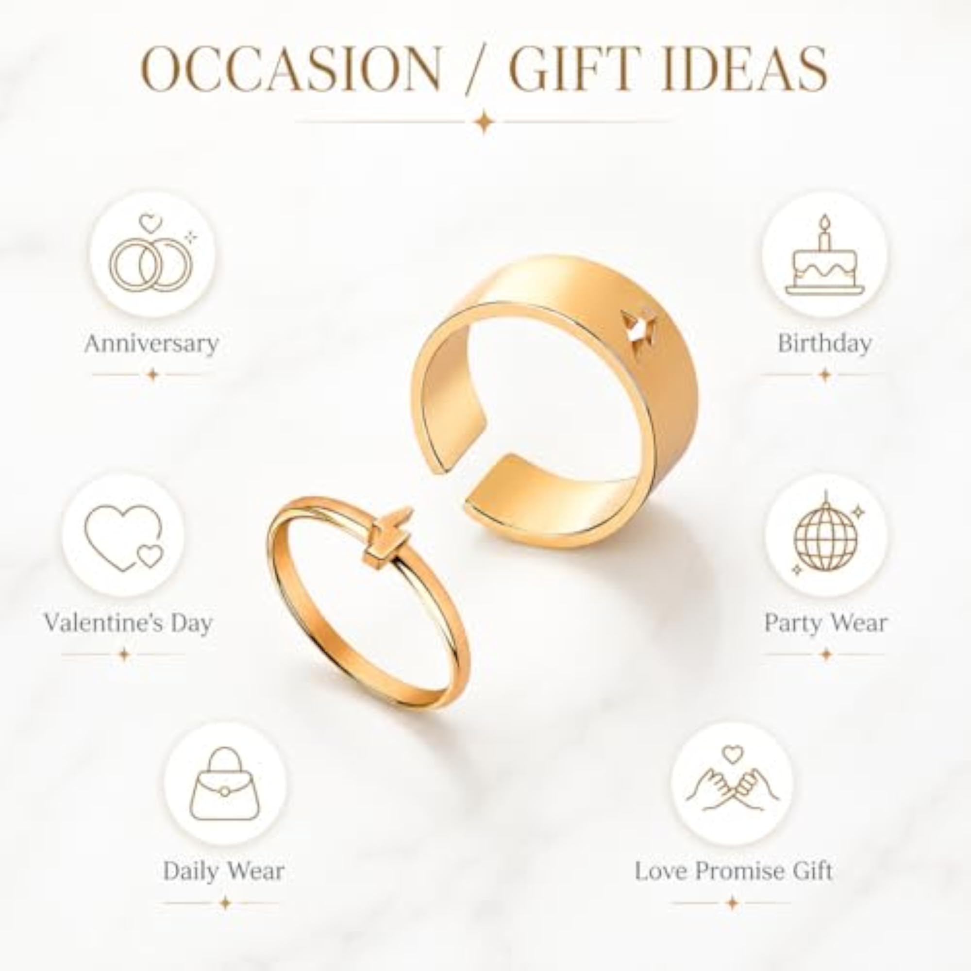 Trendy Gold Stainless Steel Couple Finger Adjustable Ring Set, Unisex