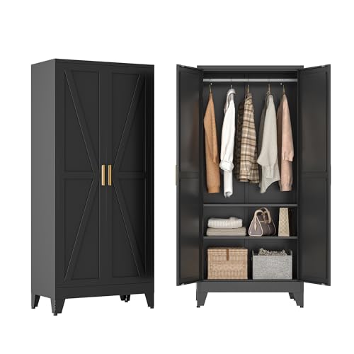 Image of Metal Wardrobe Closet with Doors and Shelves, 71 inch Farmhouse Bedroom Armoire with Hanger Rod and Clothing Shelf, White Steel Wardrobe Cabinet Storage Clothes Closet