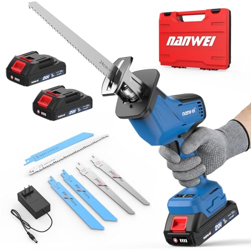 Image of NANWEI Cordless Reciprocating Saw, 20V Brushless Motor 3500RPM Variable Speed, 2x2.0Ah Batteries, Tool-Free Blade Change, LED Light, 6 Blades, Portable for Wood /Metal /PVC Cutting (2.0Ah Batteries)