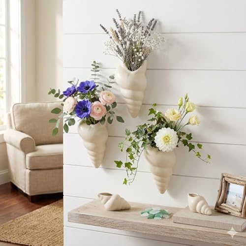 Image of JIYANSH Creation Ceramic Wall Planter Set of 2 - Modern Scalloped Hanging Flower Pot for Indoor Plants Succulents Air Plants - Half Moon Wall Vase (White)