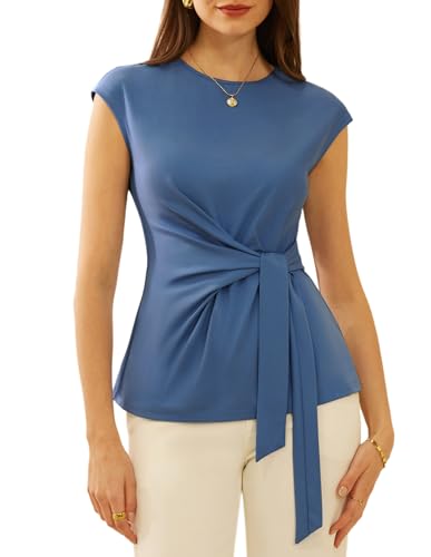 Summer Tops for Women 2025 Cap Sleeve Solid Color Dressy T-Shirts Tops Casual Tie Waist Tunics Shirts