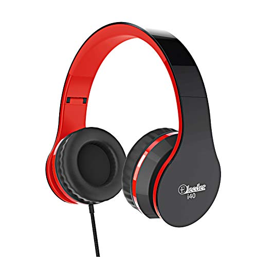 Elecder i40 Headphones with Microphone Foldable Lightweight Adjustable Wired On Ear Headsets with 3.5mm Jack for Cellphones Laptop Computer Smartphones MP3/4 Kindle School (Red/Black)