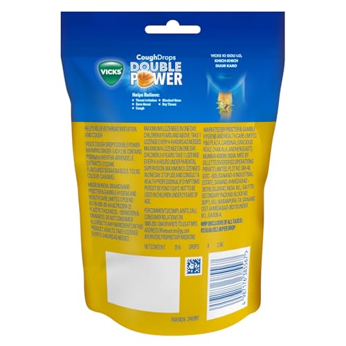 VICKS COUGH DROPS DOUBLE POWER (Bag of 25) WITH AYURVEDIC INGREDIENTS FOR FAST RELIEF FROM THROAT IRRITATION & COUGH, WARMING GINGER FLAVOUR