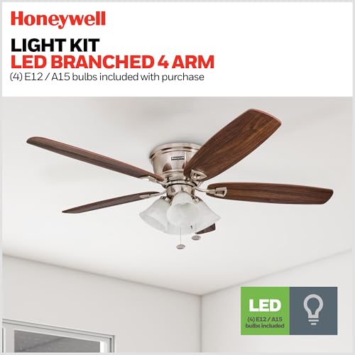 Honeywell Ceiling Fans Glen Alden, 52 Inch Classic Flush Mount Indoor LED Ceiling Fan with Light, Pull Chain, Quick-2-Hang Dual Finish Blades, Reversible Motor - 50182 (Brushed Nickel) - image 4